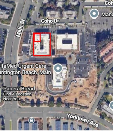 Aerial map of the office complex at Main Street and Yorktown Avenue with the 2130 Main Street building outlined in red