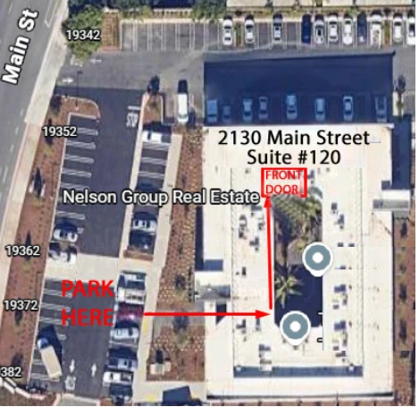 Aerial view of 2130 Main Street showing where to park and an arrow to the Suite 120 front door