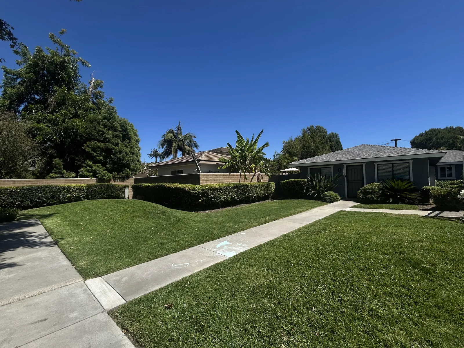 Large greenbelt and walkway to the front door