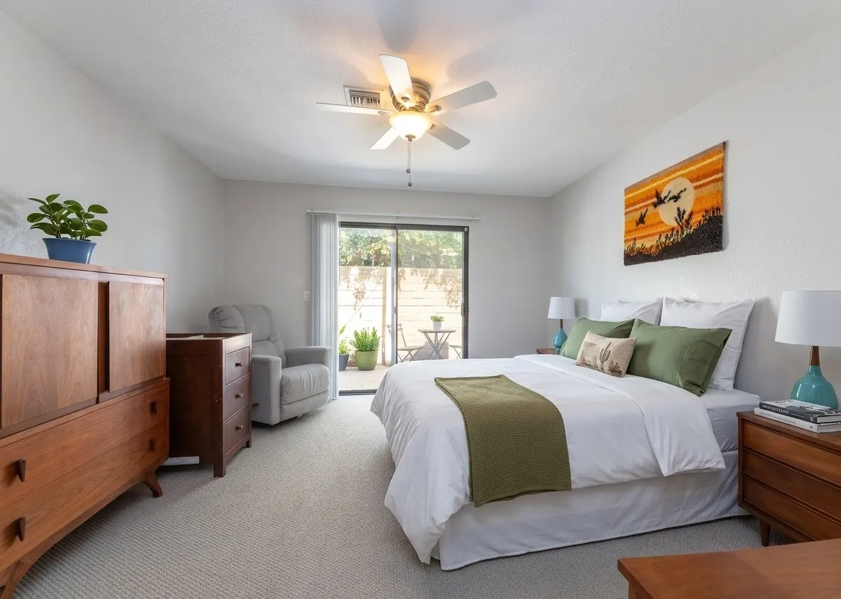 Primary bedroom with ceiling fan and sliding door to the patio