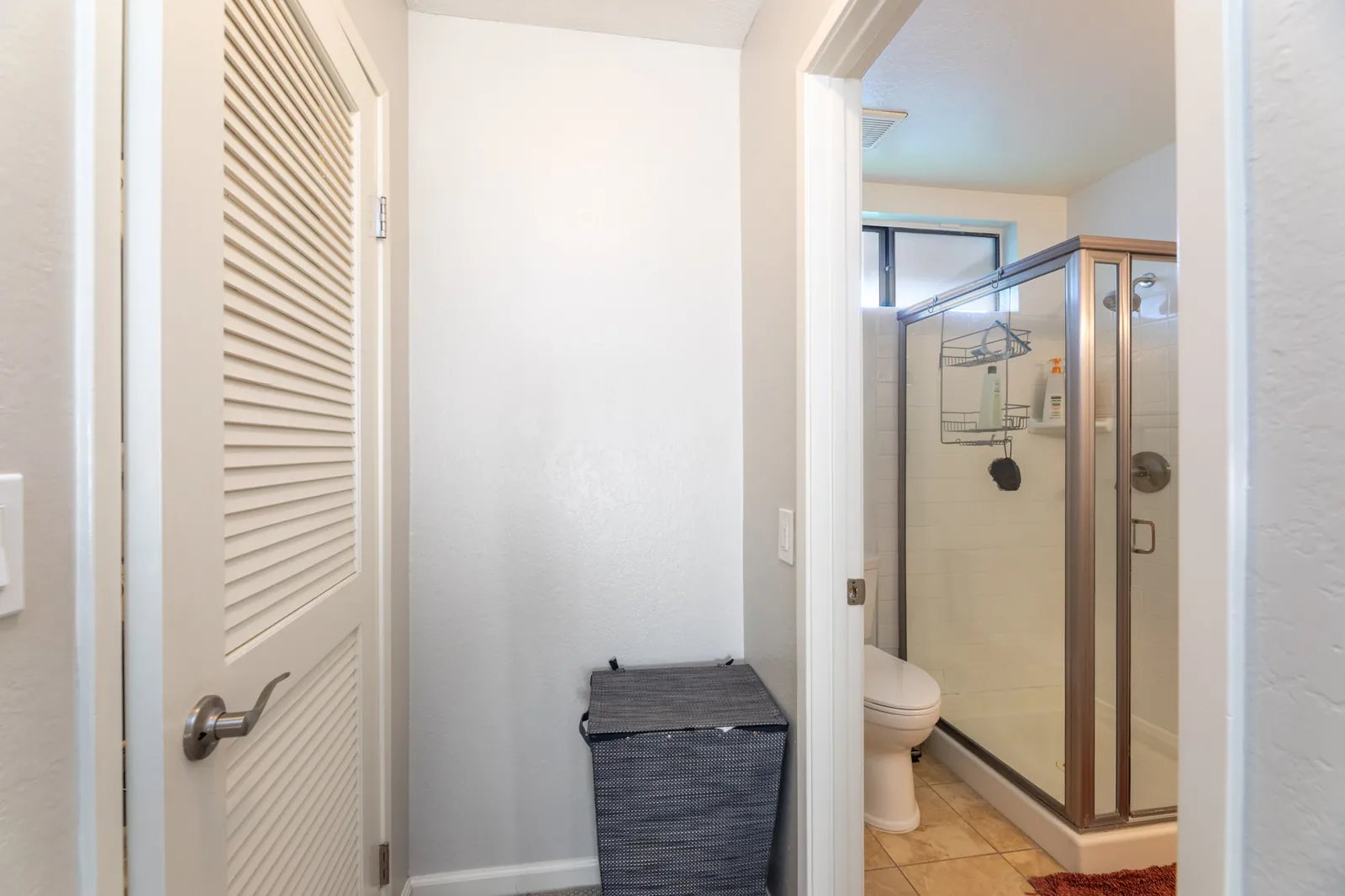 Bathroom with framed glass step-in shower