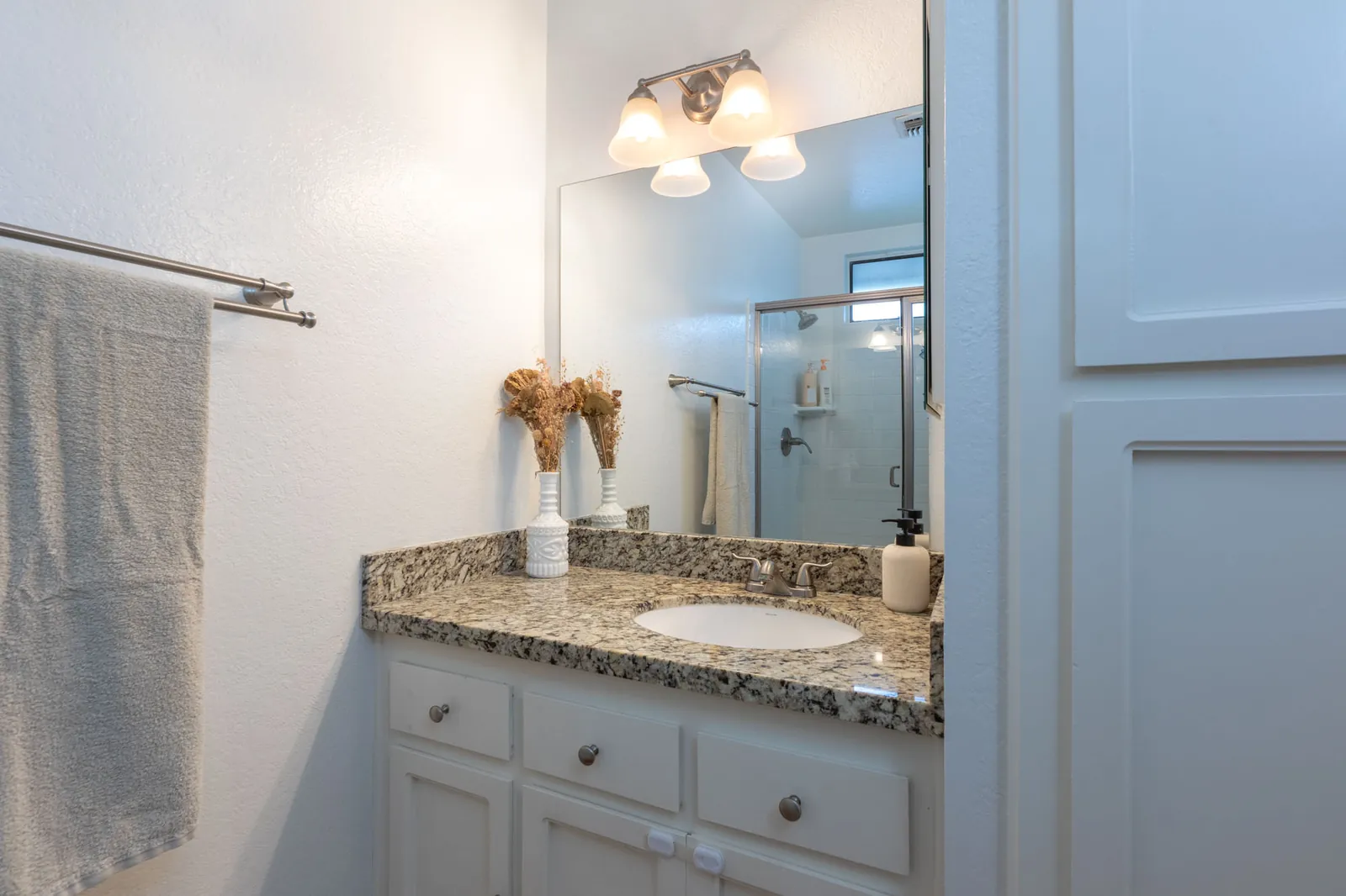 Bathroom vanity beside the step-in shower
