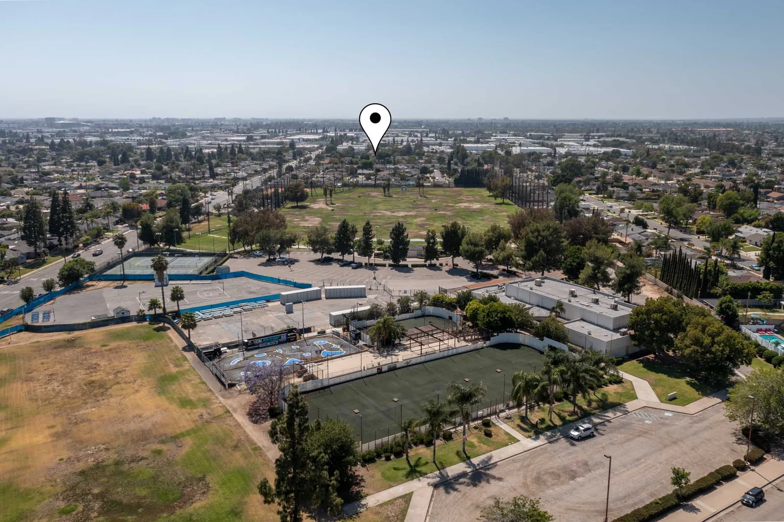 Aerial view of the home and the nearby park