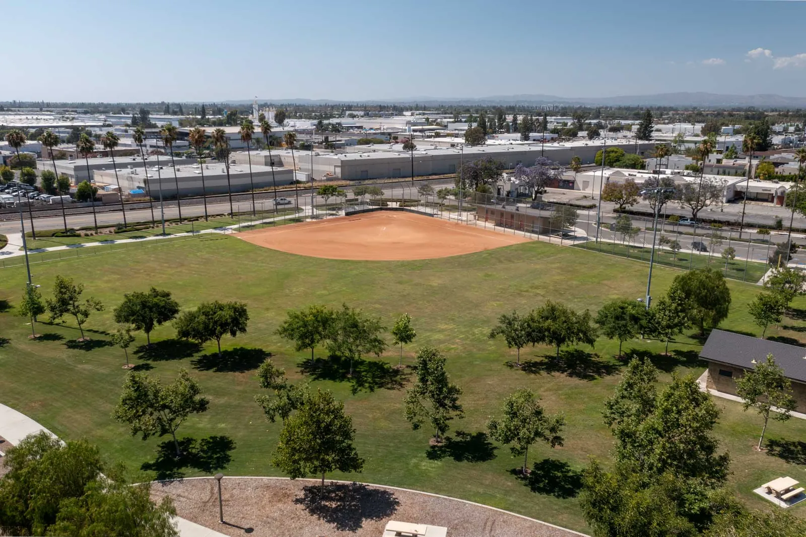 Aerial view of a nearby park ball field